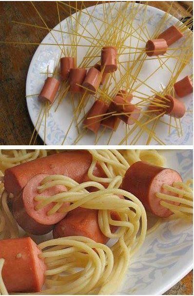 hotdogs invaded by noodles