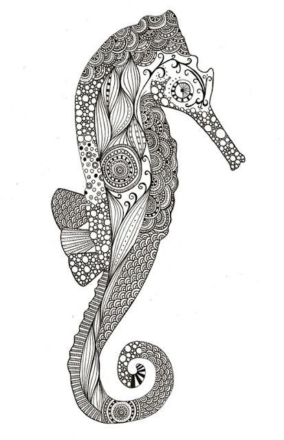 seahorse doodle design black ink line drawing