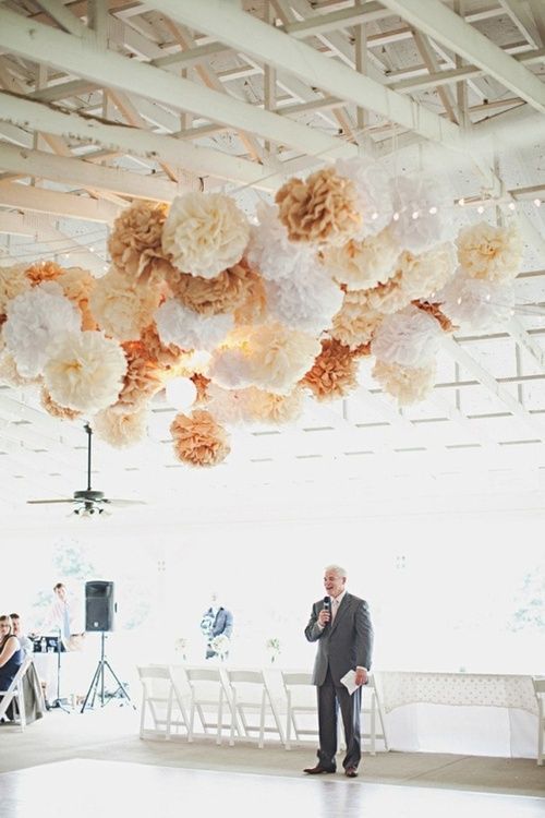 string lights + pom pom wedding decorations