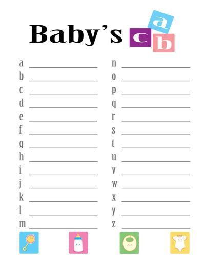 Baby ABC's is a fun game where your guests fill in a baby item corresponding