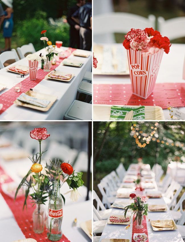 Circus table theme with popcorn floral centerpieces, ticket table runner & C
