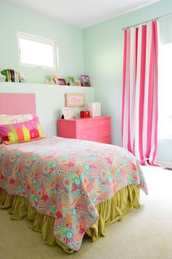 Colorful kids room (with painted furniture, a homemade headboard, and no-sew cur