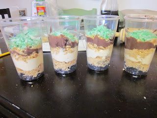 Digging for dinosaurs snack! Layered graham crackers, oreos,  pudding, etc. with