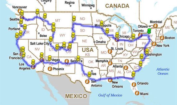 How to Drive across the USA hitting all the major landmarks. This would be a fun
