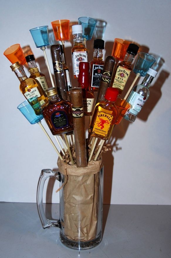 Man bouquet complete with mini booze bottles, shot glasses and cigars! — from a
