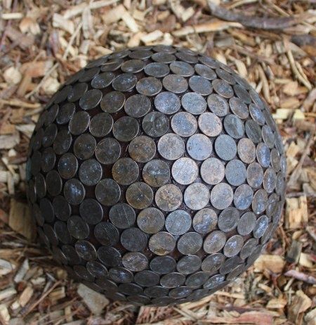 Penny Ball for the garden.  Pennies in the garden repel slugs and make hydrangea