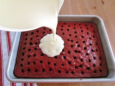 Red Velvet Poke Cake with cheesecake pudding. Oh my word!