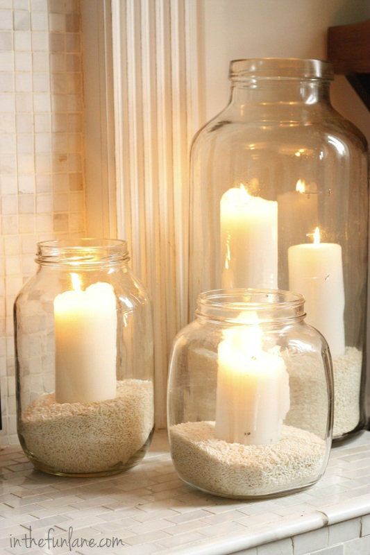 Sand & Candles in Mason Jars – simple and pretty..great for patio