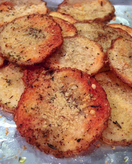 Slice potatoes very thin. toss in olive oil, italian seasoning, & salt. sing