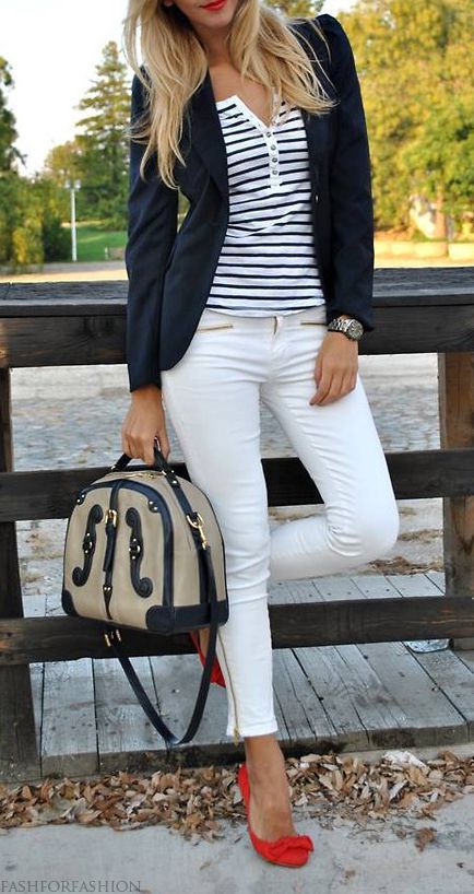 Spring is right around the corner! Nautical stripes and red flats.