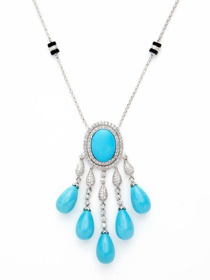 Vendoro Diamond & Turquoise Multi Drop Pendant Necklace    46.80 carat weigh