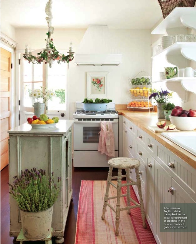 cottage kitchen with wood counters, open shelves, beautiful distressed island (p