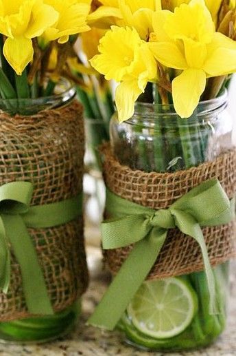 mason jars, burlap, ribbons, flowers