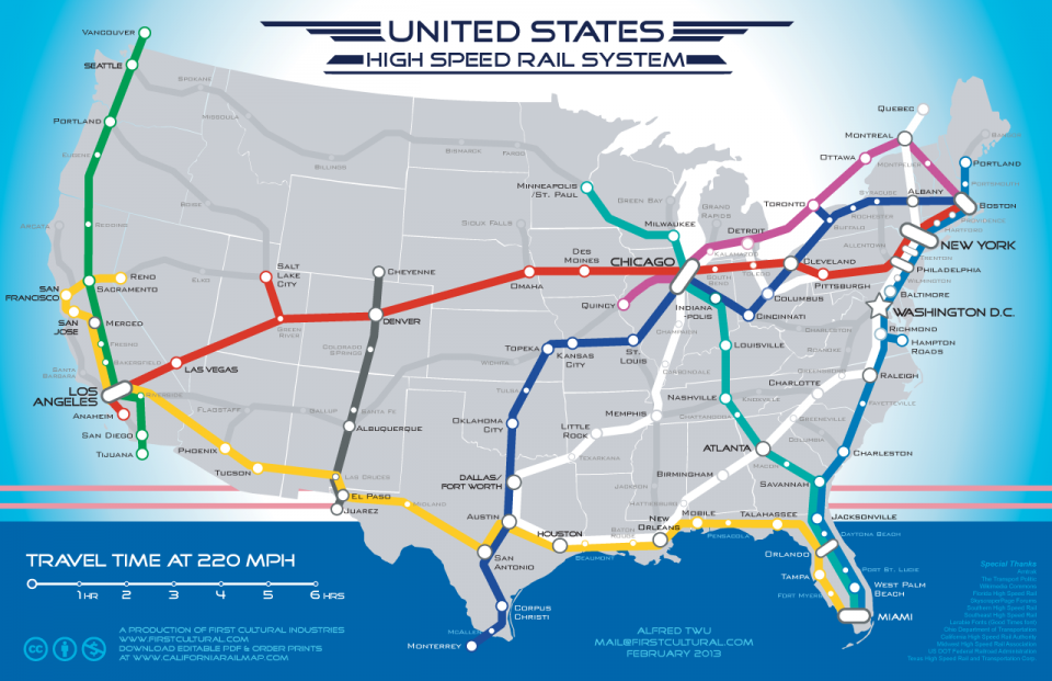 Based on this map, starting in Los Angeles, a high speed train could get to New