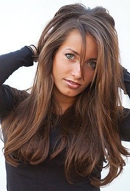 Perfect Hair! dark brown hair with lighter brown highlights. I like the cut and