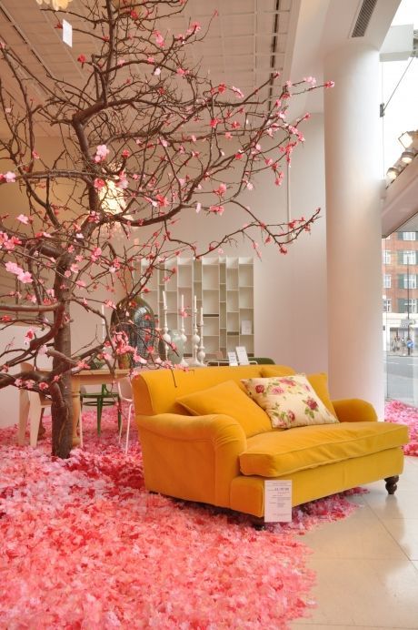 Store display at the Conran Shop in London. The flowering pink tree and carpet m