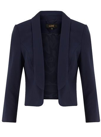 You can never have enough blazers. Navy crepe cropped tuxedo jacket, $79.