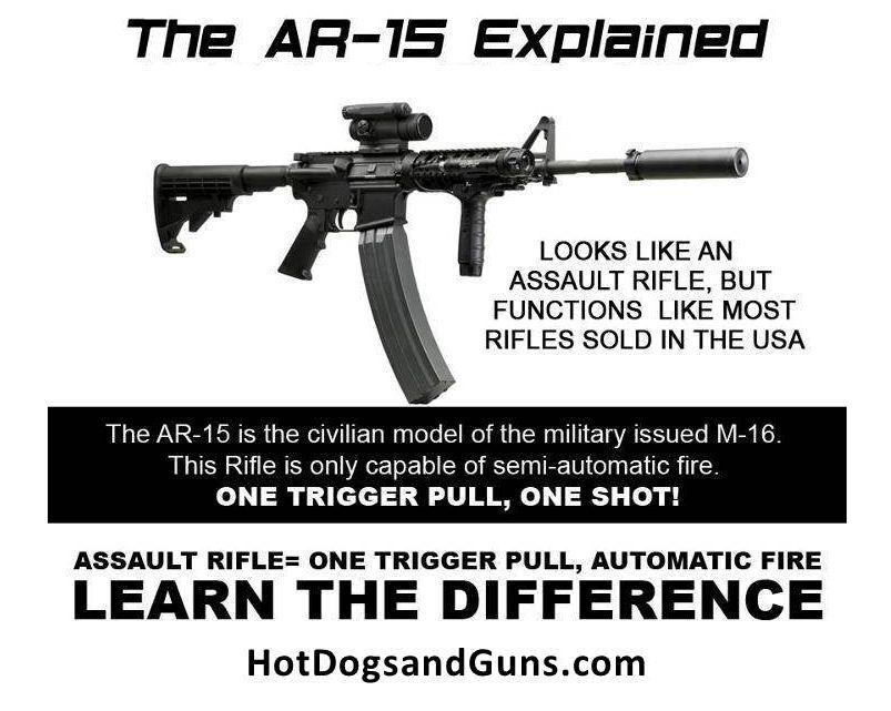 Looks like an assault rifle but functions like most rifles sold in the USA.  The