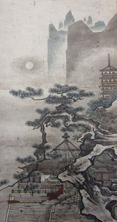 Momoyama Period Landscape Painting Hanging Scroll.