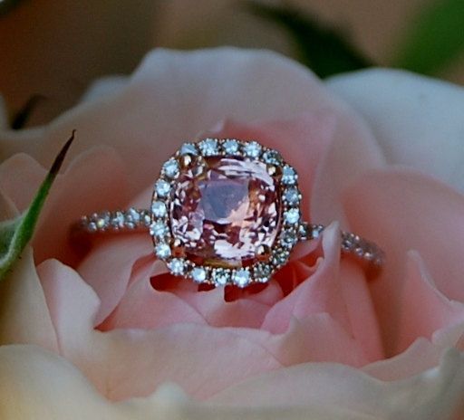 1.56ct Cushion Peach sapphire in 14k rose gold diamond ring engagement ring