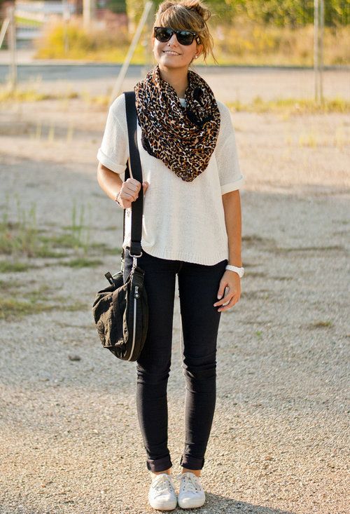 Baggy shirt, scarf, skinnies, sneakers, long bag. Clothes  Outift for • teens
