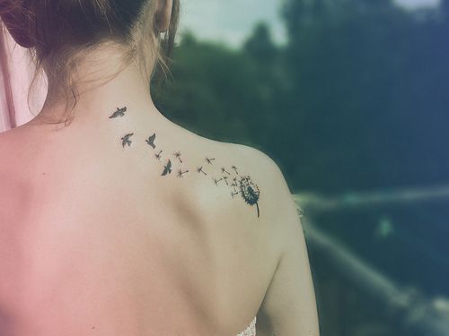 Birds tattoo. Dandelion tattoo. Back tattoo.