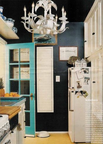 black kitchen, turquoise door, tole chandelier in kitchen    121grace