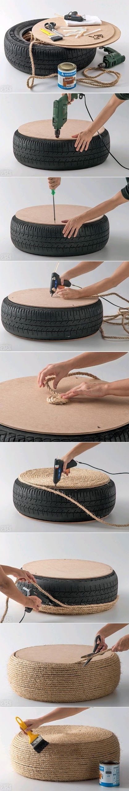 Got a spare tire? Wrap it with rope for a cool nautical floor cushion. How to ma