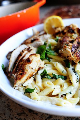 Grilled chicken with lemon basil pasta.