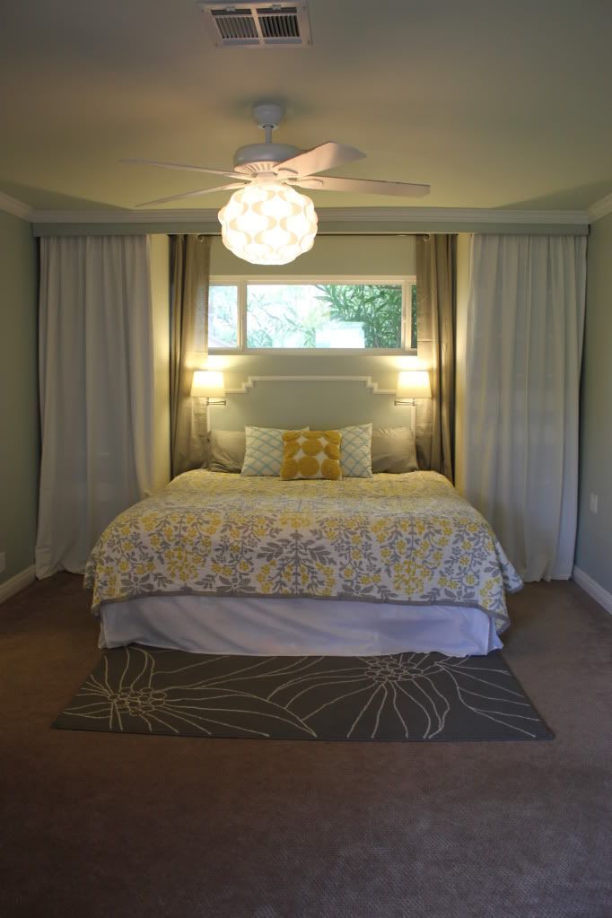 headboard idea? Basement bedroom? I like the grays and yellows and the bed under