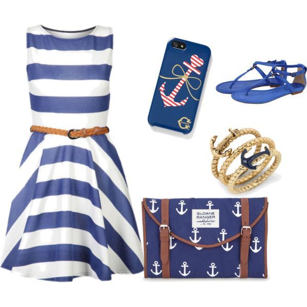 Nautical Anchor Purse  Silver Anchor Ring.  Nautical Blue  White Striped Dress.