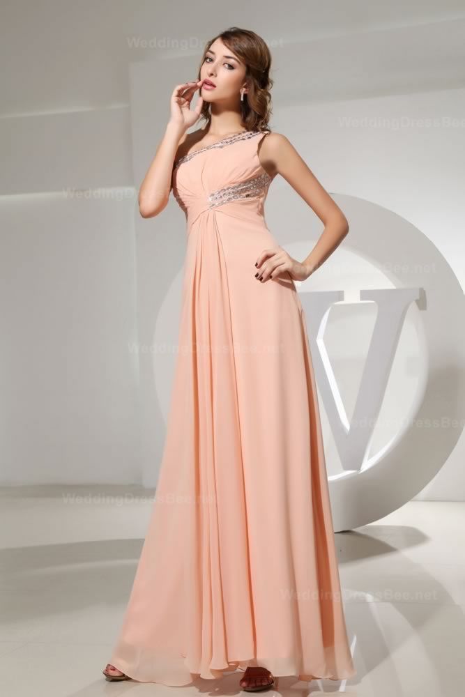 One-shoulder ruched top chiffon dress with beaded neckline