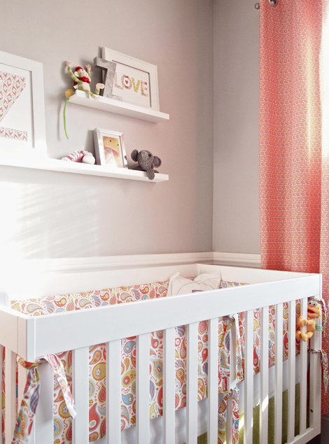 Suzie: Cape 27 – Adorable gray  coral girls nursery design with gray walls paint