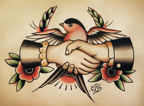 Swallow Handshake Traditional Tattoo Flash. $18,99, via Etsy.