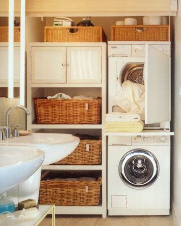 Tight-Space Laundry    In the compact laundry workstation and storage area of a