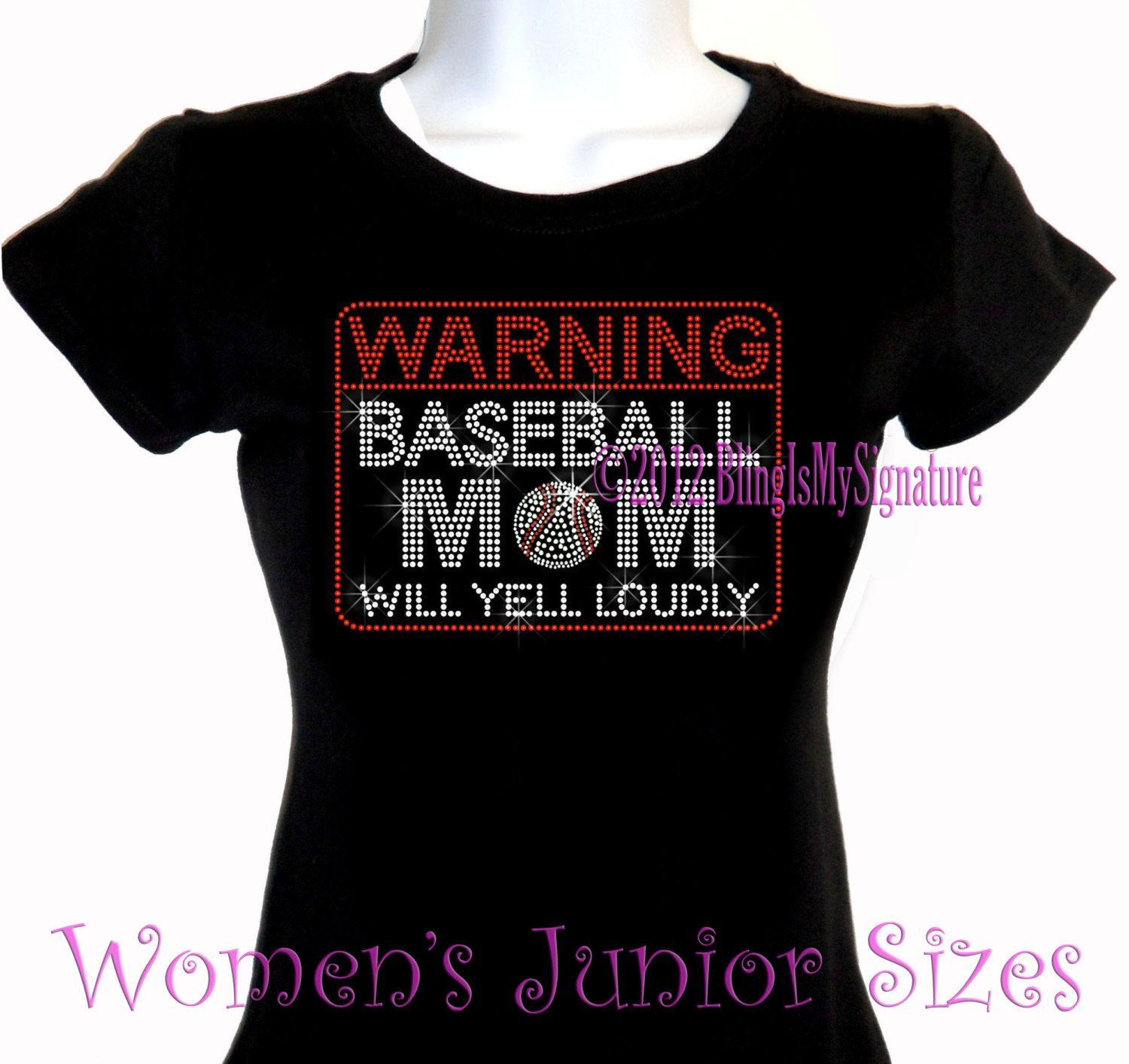 WARNING – Baseball Mom – Rhinestone Iron on T-Shirt – Pick Size S-3XL – Bling Sp