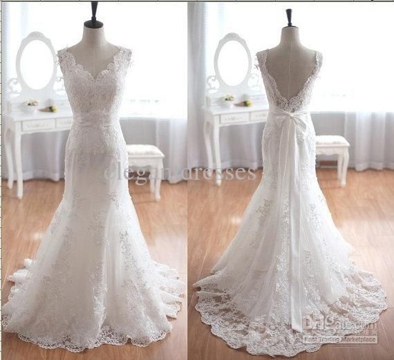 Wholesale Real photos 2014 Gorgeous Lace Mermaid V neckl wedding dresses White I
