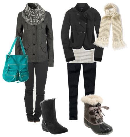 Dark Gray Jacket + Gray Skinny Jeans + Striped Scarf + Flat Ankle Boots