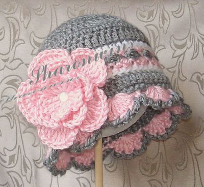 New Crochet Baby Girl Photo Prop Gray Flower Hat Cap Bonnet Beanie Pink Rose 15