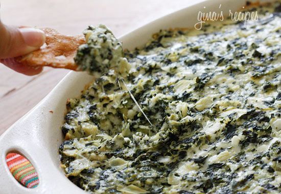 skinny hot spinach and artichoke dip, made with greek yogurt so its low-fat!
