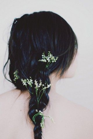 so pretty, deep blue hair with flowers braided in