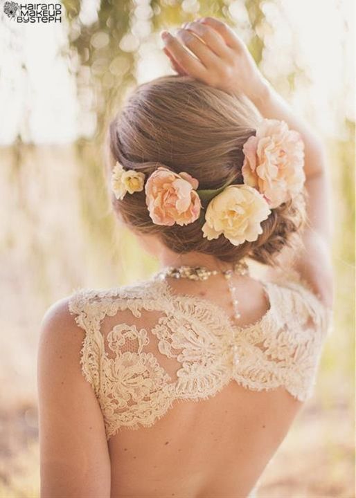 Wedding Hair Braided with Flowers and Lace Open-Back Wedding Dress – Absolutely