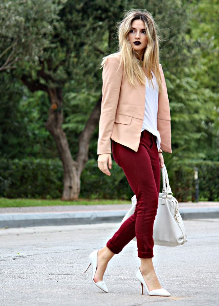 blush blazer, burgundy pants and white shoes… unexpected combination