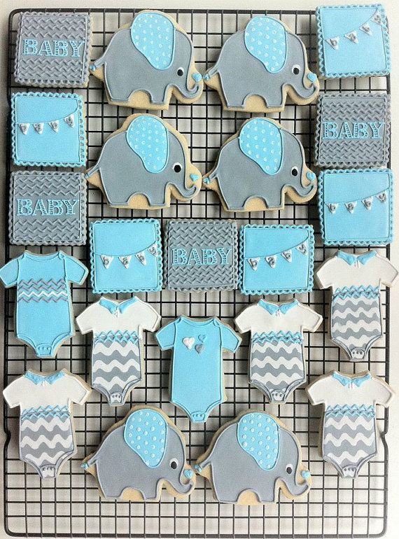 Decorated Elephant Themed Baby Shower Cookies by peapodscookies