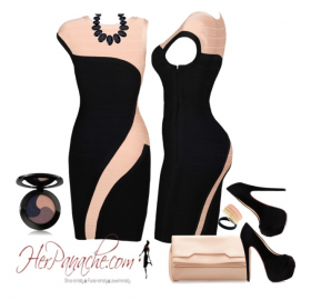 Dresses: Black Champagne Tan Cream One Short Sleeve Shoulder Bodycon Bandage Cel