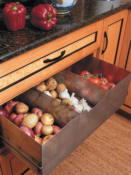 Ventilated drawer to store non-refrigerated foods (tomatoes, potatoes, garlic, o