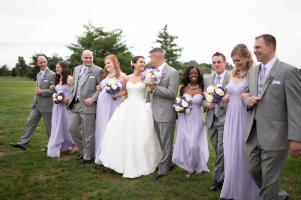 wedding party, lavender purple bridesmaids dresses, classic gray mens attire, br