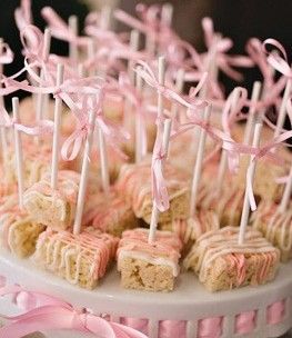 Baby shower snack, rice crispy with white chocolate drizzle (pink+white, blue+wh