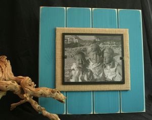 Beach.. picture frame… burlap and painted back boards with distressed paint. P
