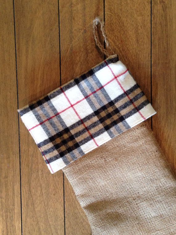 Burlap Christmas Stocking with Plaid Flannel Cuff on Etsy